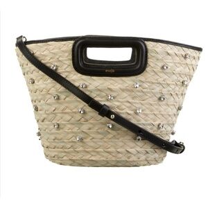 MAJE Raffia Palm Straw Crystal Embellished Bucket Crossbody Bag Leather Strap